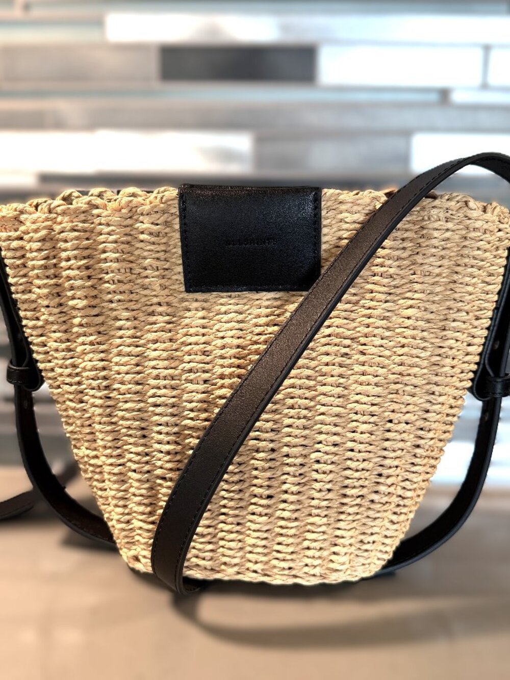 ALL SAINTS Ebro Woven Crossbody Bag NATURAL AND BLACK LEATHER NWOT